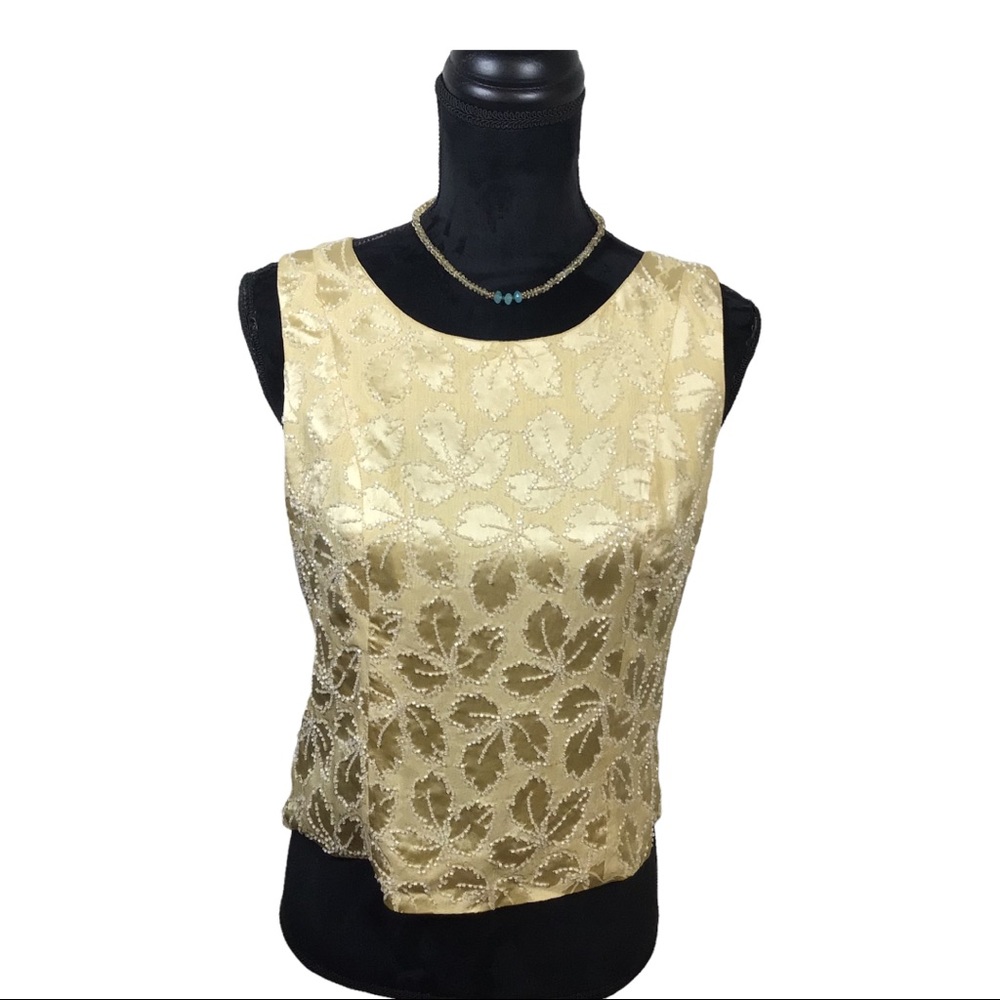 Vintage Banana Republic Gold Silk Beaded Button Down Back Sleeveless Blouse Sz M